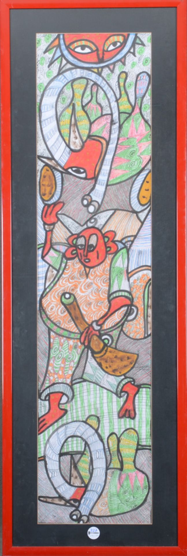 Prince Twins Seven-Seven (1944-2011) attrib. Komposition mit abstrahierter Figur und zwei Elefanten.