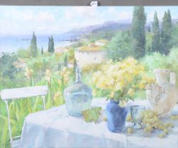 Ingo Küpper (Maler des 20. Jhs.). Stillleben mit gedecktem Tisch und Ausblick in italienische Landsc