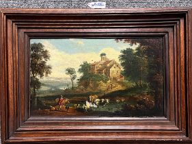 Maler des 19. Jhs. Landschaft mit Bachlauf, Vieh und Gebäude im Hintergrund. Öl/Lw., 18 x 30 cm.