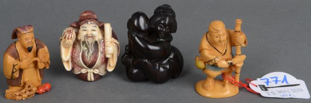 Vier Netsuke. Japan. Poliertes Horn, teilw. graviert und gefärbt, bzw. Massivholz, geschnitzt; am