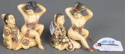 Zwei Erotika. Japan. Poliertes Horn, geschnitzt, teilw. graviert und gefärbt; am Boden sign., H=je