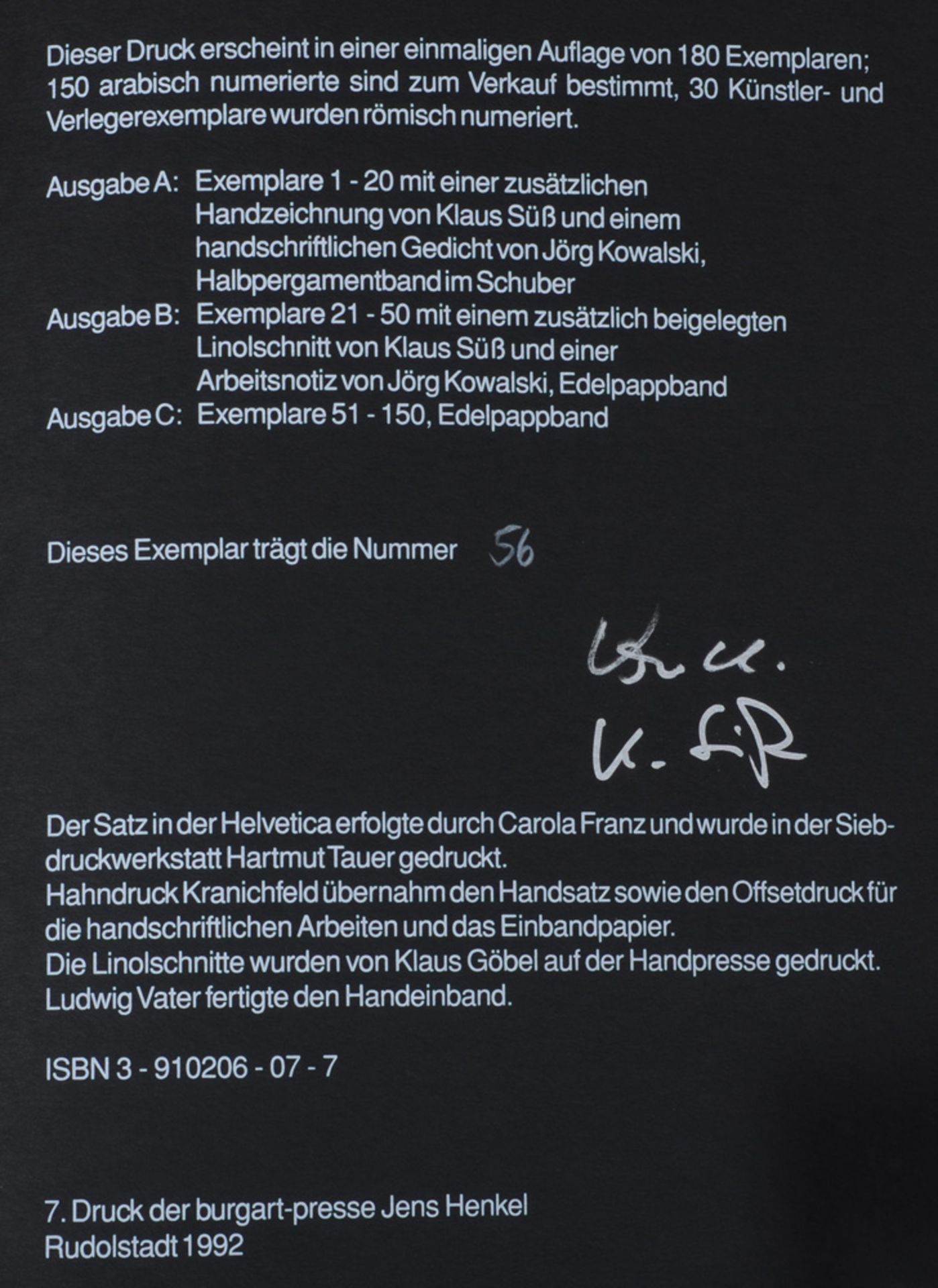 Jörg Kowalski (Hrsg.), „ARKANUM“, mit Linolschnitten von Klaus Süß, Expl. 56/180 Ausgabe C - Image 5 of 5