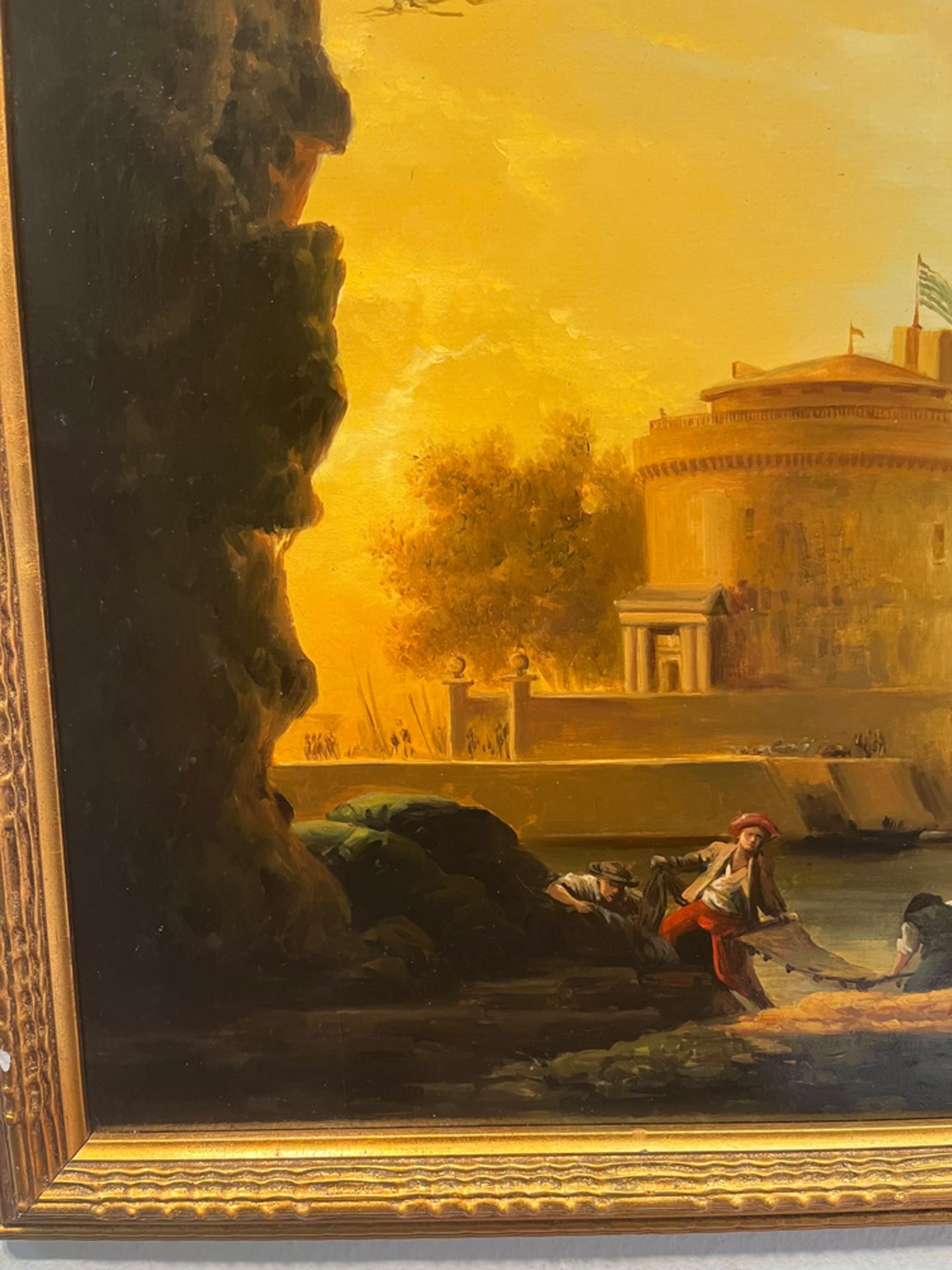 Maler des 19. Jhs. Zweimaster in einer Bucht mit Personenstaffage, Booten und Turm. Öl/Lw., - Image 3 of 9