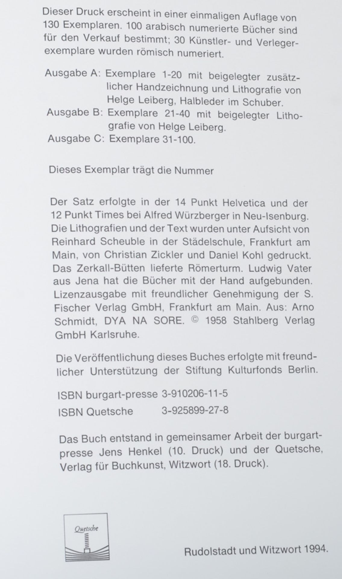 Arno Schmidt, „Tina oder Über die Unsterblichkeit“, mit Lithographien von Helge Leiberg, Expl. 21/40 - Image 6 of 6