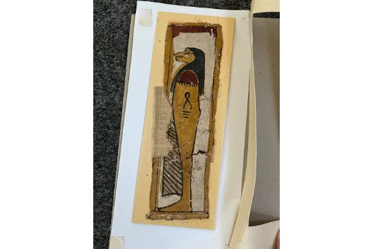 Anubis und Horusfalke. Zwei Fragmente wohl einer Mumienbindung, 19,5 x 6 / 23 x 5,5 cm. - Bild 5 aus 8