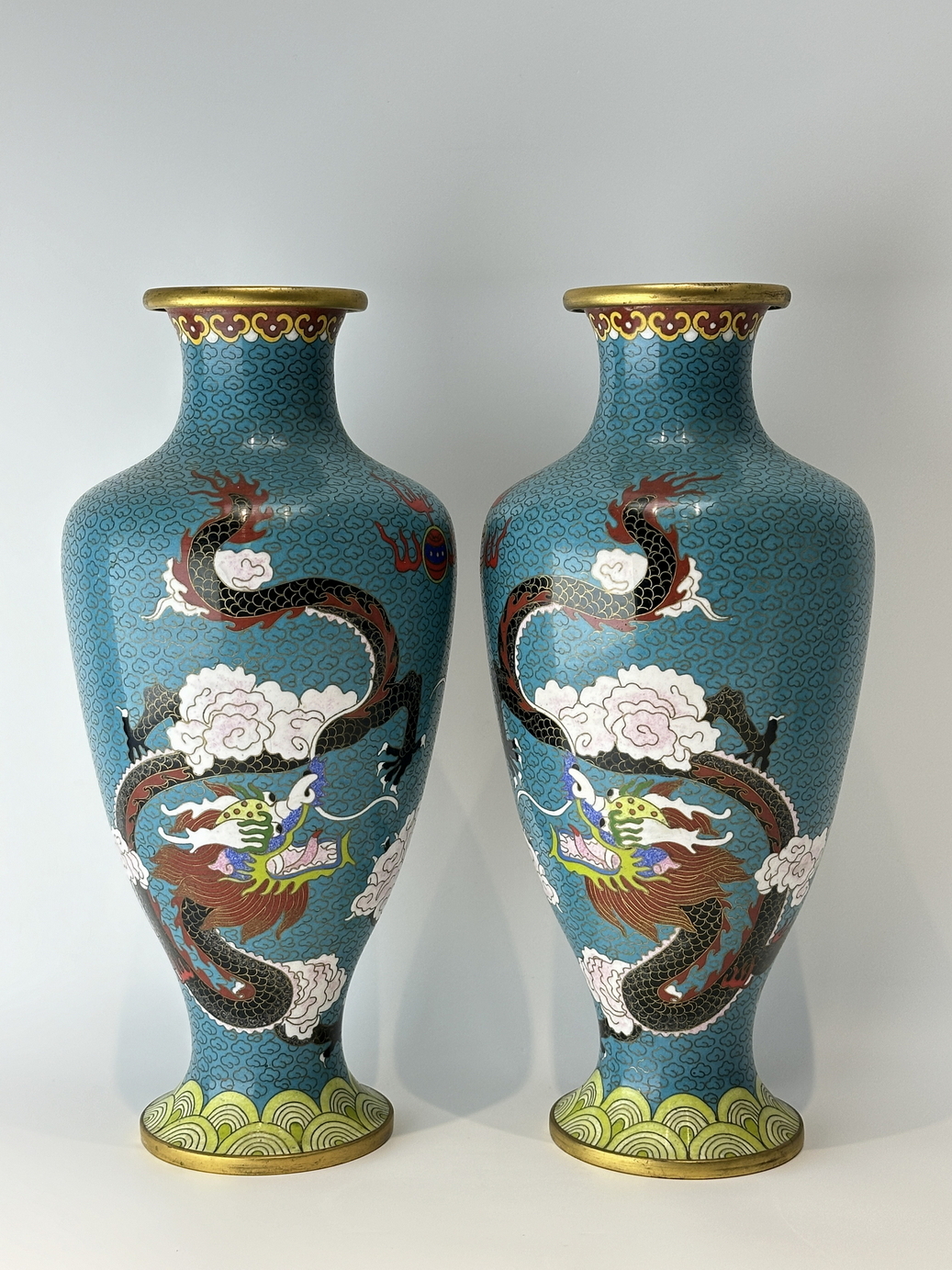 A PAIR CHINESE FINE CHINESE CLOISONNE VASEs with  IMPERIAL DRAGONS 19TH Century.