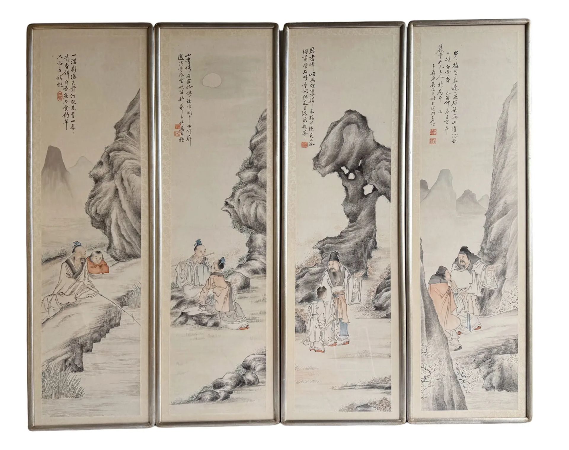 4 Chinese Ink Drawings of Guidance of Enlightenment Panels , Follower of Zhang Daqian