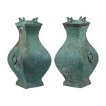 PR OF CHINESE LARGE PATINATED BRONZE COVERED URNS