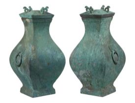 PR OF CHINESE LARGE PATINATED BRONZE COVERED URNS