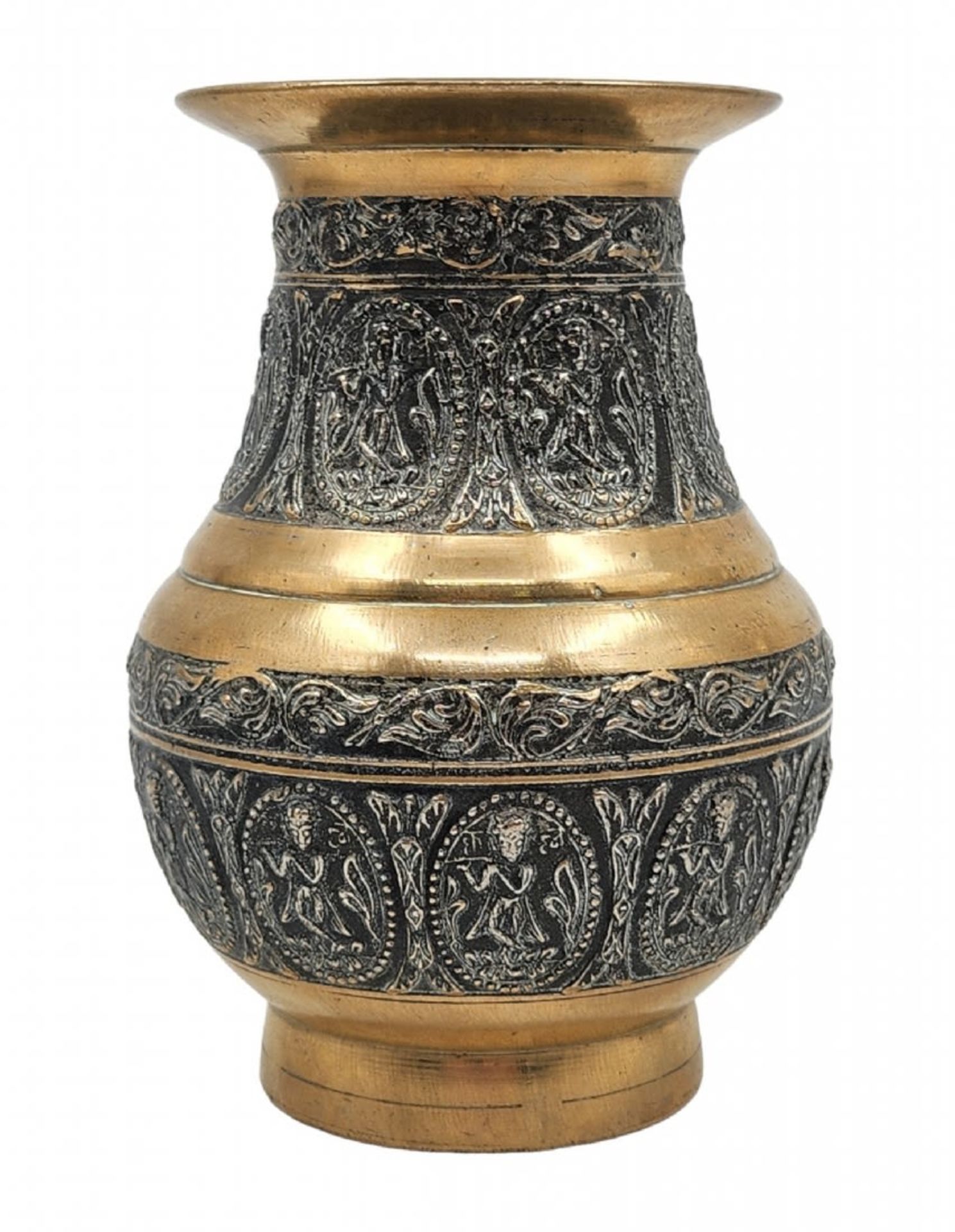 Indian pitcher made of brass, a partly silvered cast decorative urn. Width: 11 cm. Height: 15.5