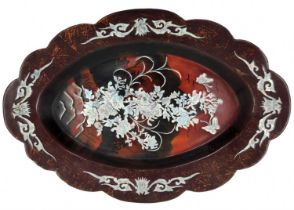 Chinese lacquer tray, an old tray decorated with inlaid work of mother-of-pearl pieces. Width: 28