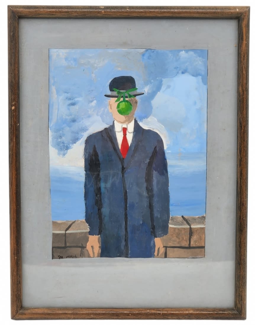 Oil on paper based on a well-known painting "Son of Man", rené Magritte (Belgium, 1898-1967, René - Image 2 of 3