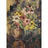 'Flowers in a brown pot' - painting, benish Mininberg - oil painting on panel, signed. Dimensions: