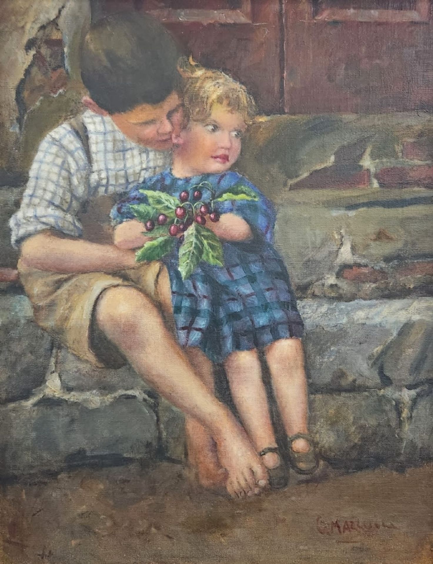 'Brotherly love' - painting, antique painting, oil on canvas mounted on board, signed (C.