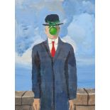 Oil on paper based on a well-known painting "Son of Man", rené Magritte (Belgium, 1898-1967, René