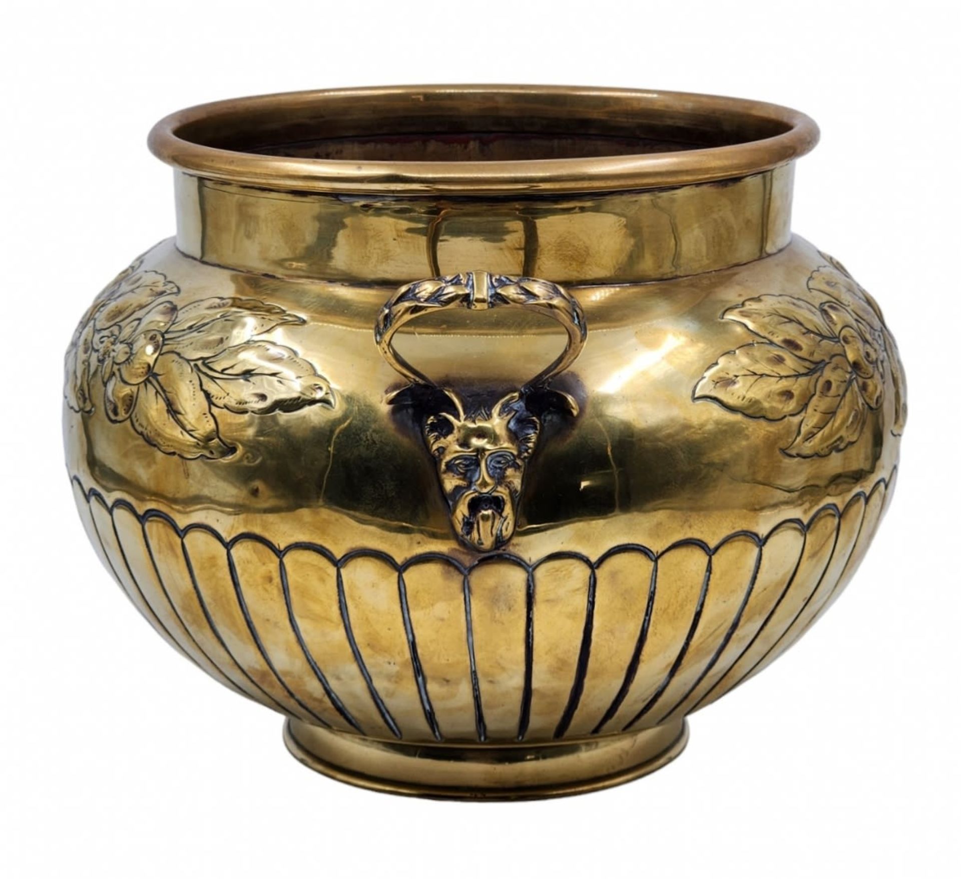 Antique English pot (Jardiniere), jardiniere from the 19th century (Victorian), made of brass. Width - Image 2 of 5