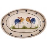 Oval ceramic tray, hand painted in enamel in the model of a couple of roosters, signed: