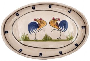 Oval ceramic tray, hand painted in enamel in the model of a couple of roosters, signed: