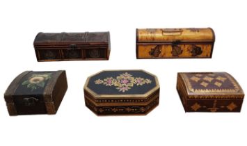 5 different old boxes and cases, the boxes are decorated with various decorations, made of wood,