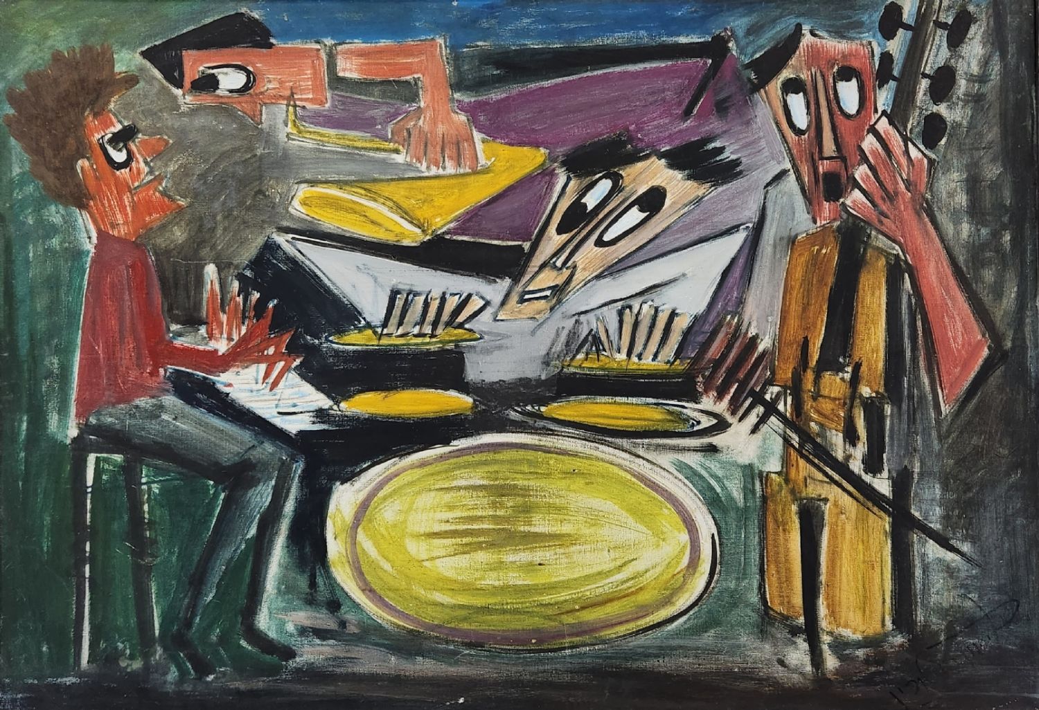'Four Jazz Players' - painting, oil on canvas, signed (we would be happy for help in identifying the