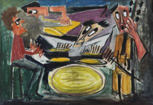 'Four Jazz Players' - painting, oil on canvas, signed (we would be happy for help in identifying the