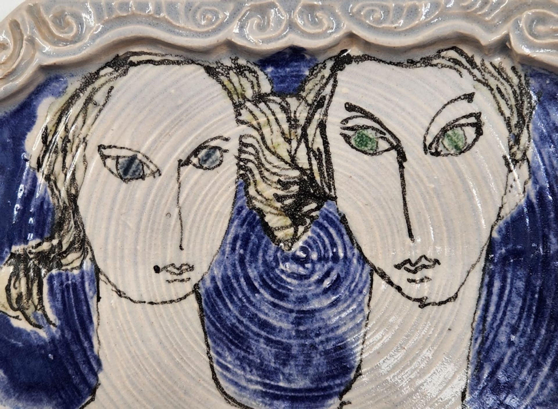 'Women's love' - studio ceramic relief, hand drawn, in the form of two women, not signed. - Image 2 of 3