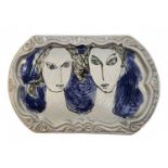 'Women's love' - studio ceramic relief, hand drawn, in the form of two women, not signed.