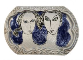 'Women's love' - studio ceramic relief, hand drawn, in the form of two women, not signed.