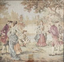 A framed tapestry picture (Goblen), with a tapestry-like fabric in the pattern of nobles examining a