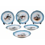 6 porcelain fish plates, late 19th century, decorated with pasted print, handmade enamel colors, and