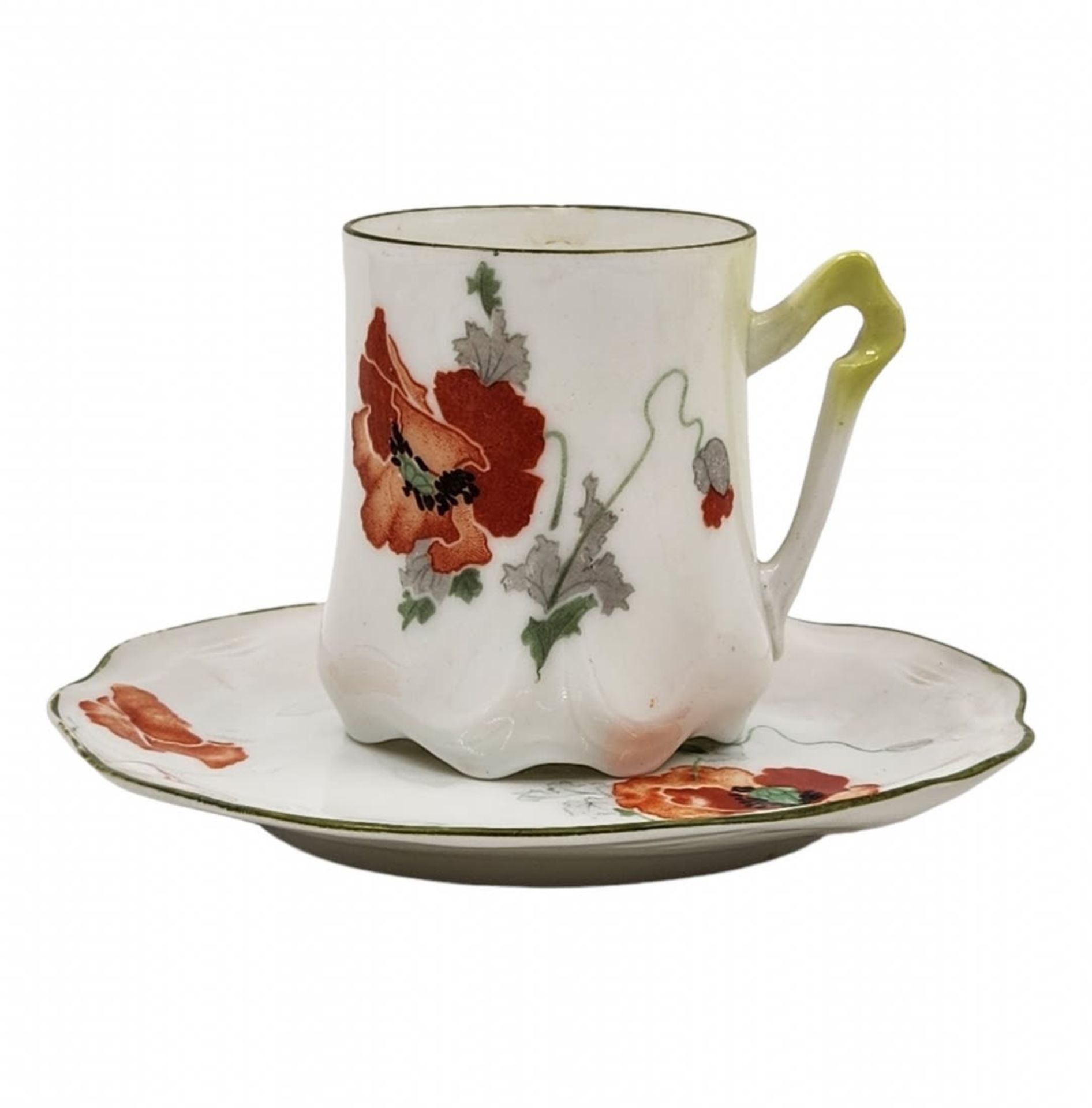 Set of three art nouveau porcelain mugs, decorated with a poppy flower print and hand painted, - Image 2 of 5