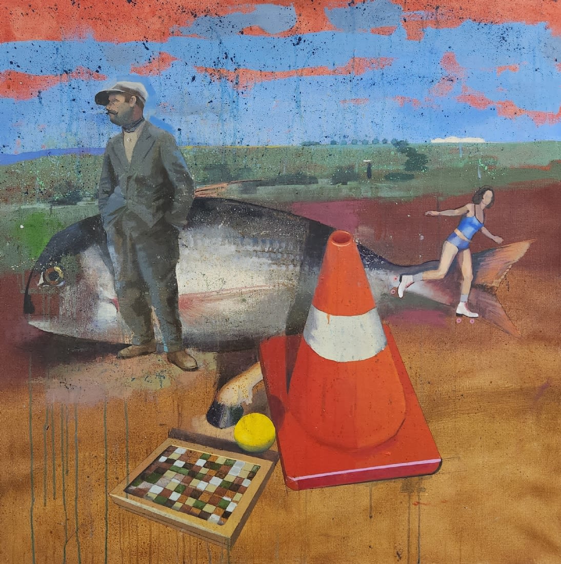 'Man and Fish' - painting, kobi Shahar - oil on canvas, signed. Dimensions: 90x91 cm. The artist