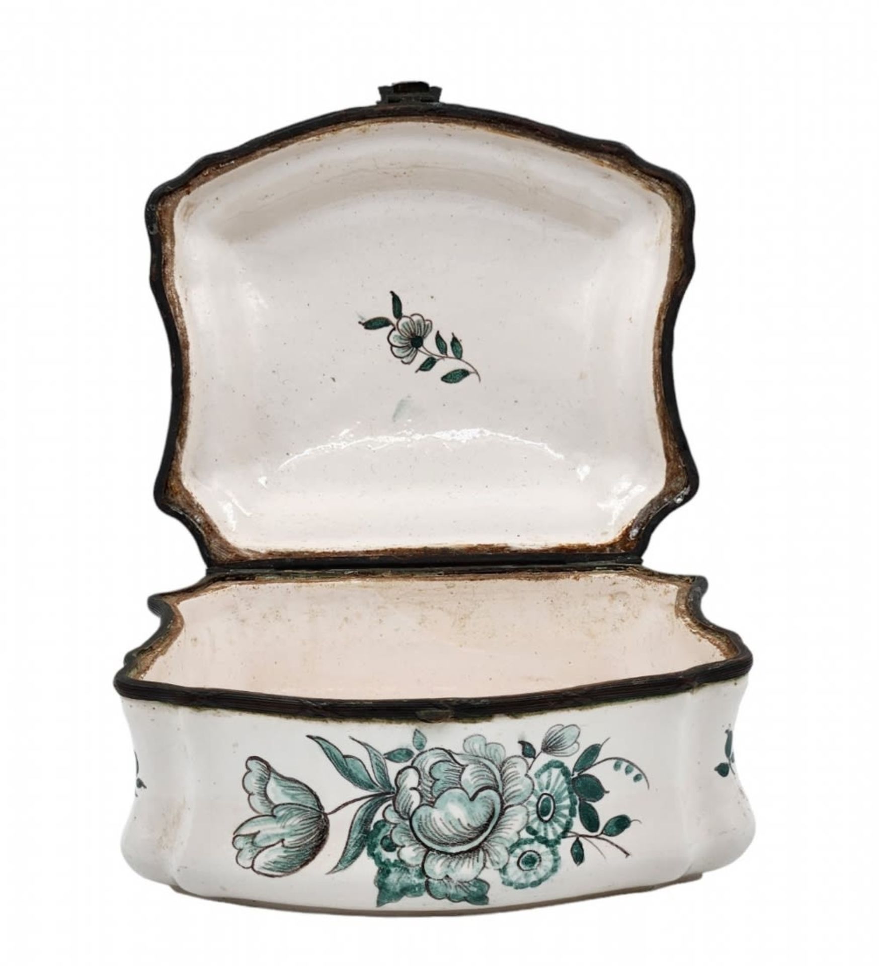 Antique French box, includes a matching lid, made of faience and metal devices, decorated with - Image 2 of 4