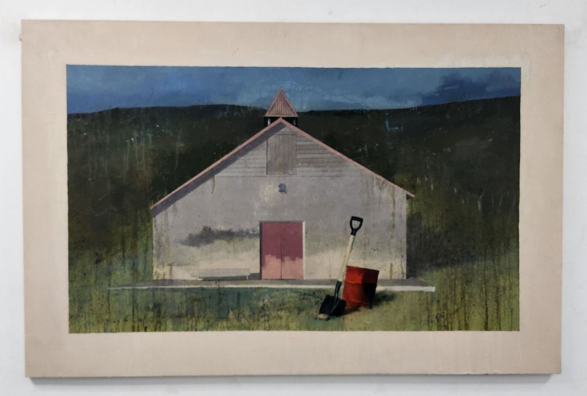'Farm with a red barrel' - painting, kobi Shahar - oil on canvas attached to board, signed. - Image 2 of 3