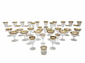 52 different glass cups, cups made of glass, decorated with gold, paint peeling (there may be