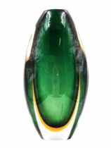 Glass vase, italian Moreno vase, green shade, made of glass, hand blown by an artist. Height: 30 cm.