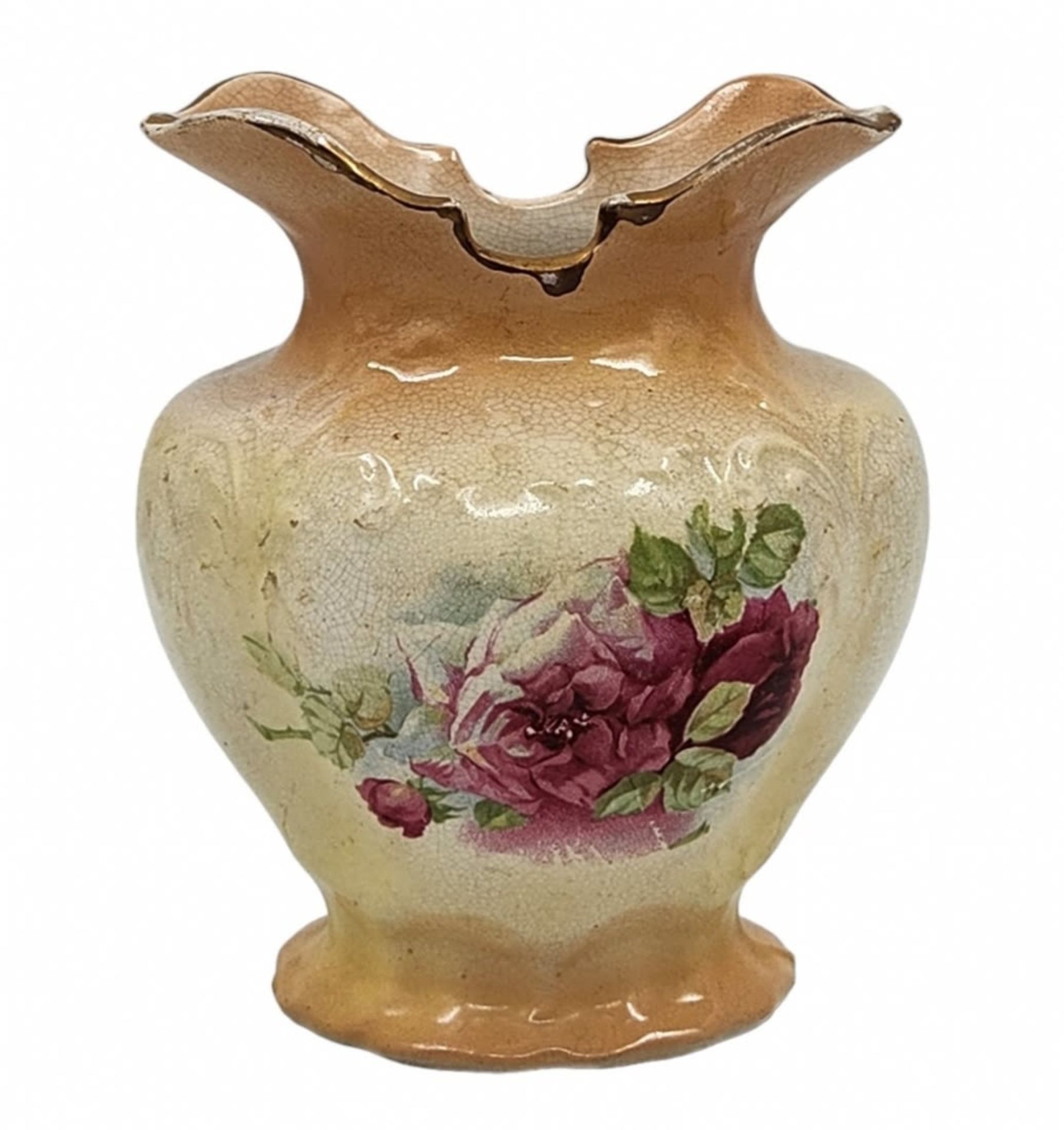 Antique Victorian English vase, made of pottery decorated with a print of blooming roses on a - Image 2 of 3