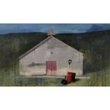 'Farm with a red barrel' - painting, kobi Shahar - oil on canvas attached to board, signed.