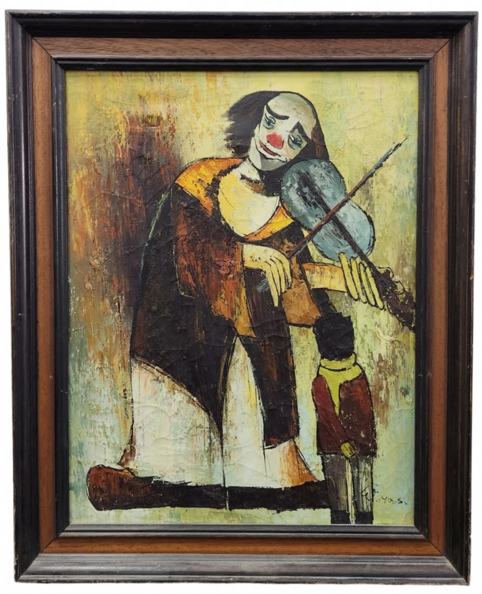 'Clown and blue violin' - painting, oil on canvas, signed. Dimensions: 61X47 cm. Frame dimensions: - Image 2 of 3
