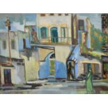 'Figures in Jaffa' - painting, large painting, gouache on paper, unsigned. Apparently the work of