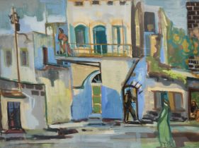 'Figures in Jaffa' - painting, large painting, gouache on paper, unsigned. Apparently the work of
