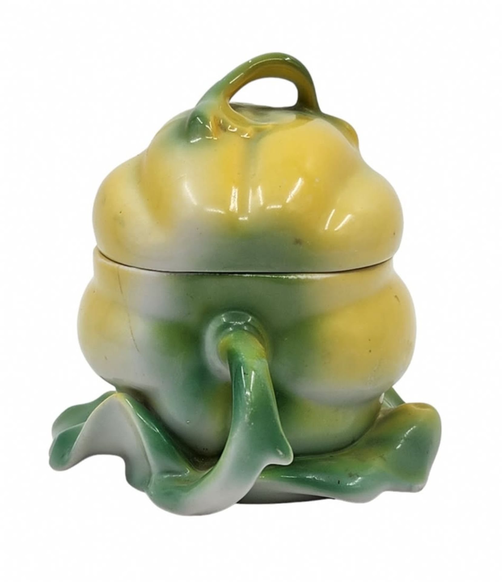 Soviet porcelain decoration, in the shape of a pepper, with a matching lid, decorated with green and - Image 3 of 6