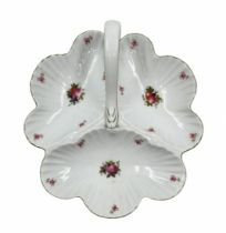 Three-compartment porcelain tray, decorated with fruit prints and a green stripe for the saying, not
