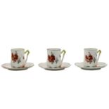 Set of three art nouveau porcelain mugs, decorated with a poppy flower print and hand painted,