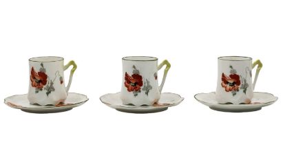 Set of three art nouveau porcelain mugs, decorated with a poppy flower print and hand painted,