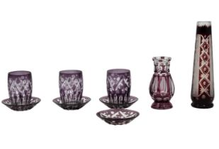 9 crystal vessels, old Czech crystals in a burgundy style, polished by hand of the "Cut to Clear"