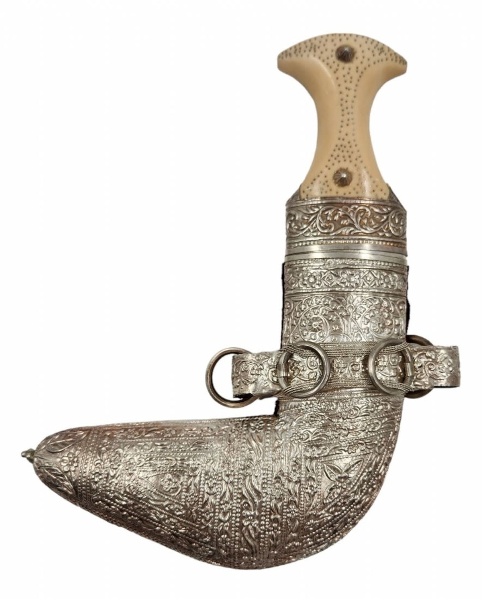 Decorative Yemenite Jambia dagger, is made of silver-plated metal and butt is made of cast white