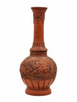 Japanese vase, a tall vase, made of clay in a red shade, unglazed, decorated with ballet decorations