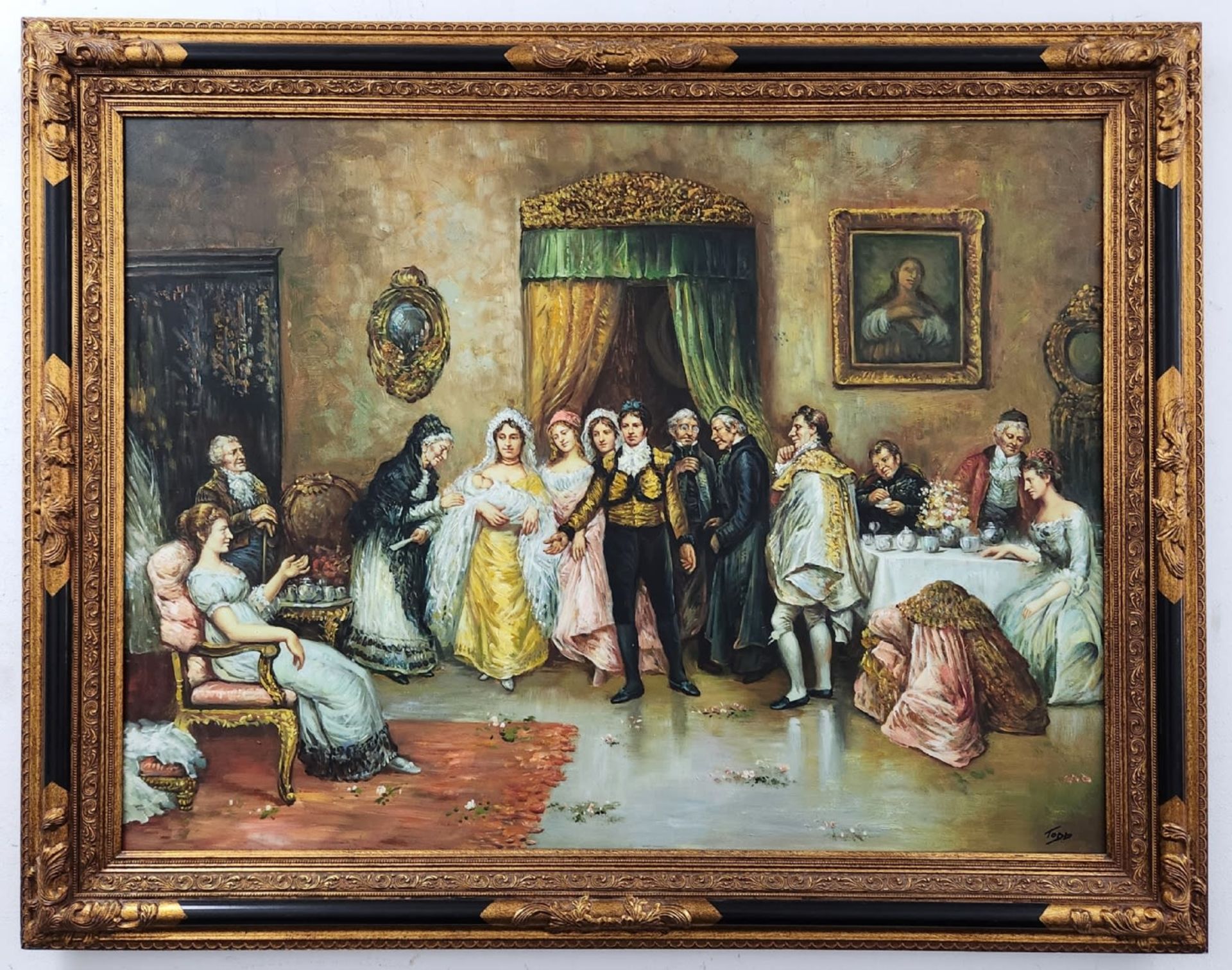 A large painting, antique style painting, oil on canvas, placed in impressive frame. Dimensions of - Image 2 of 3