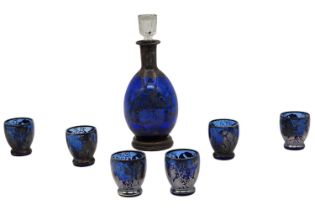 Old liqueur set, includes: Bottle and six matching glasses, made of cobalt blue glass decorated with